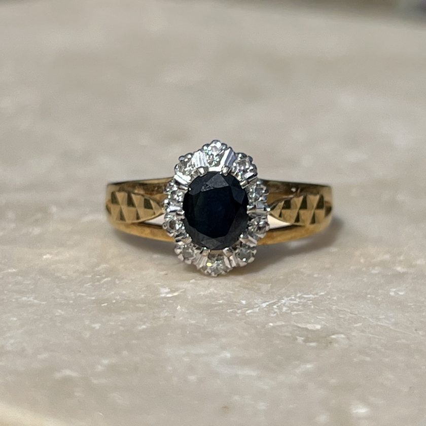Before — a heavy dated sapphire cluster ring